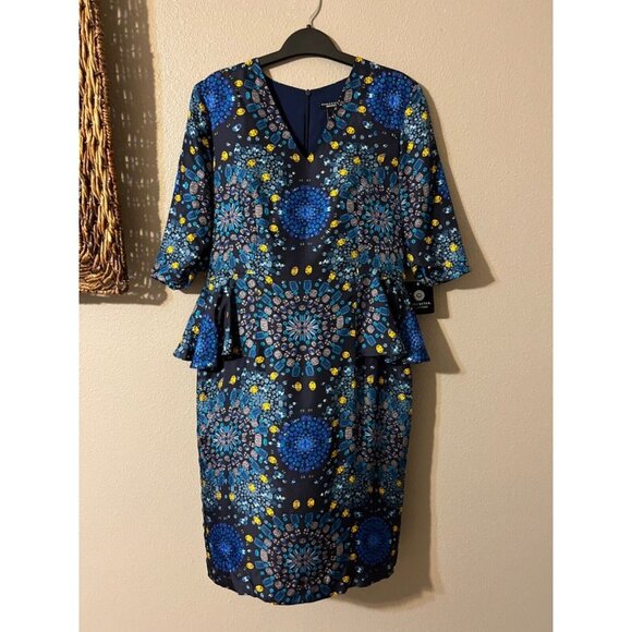 Doncaster Dress Blue Gold 8 Short Sleeve SILK Peplum Sheath NWT - Picture 7 of 11
